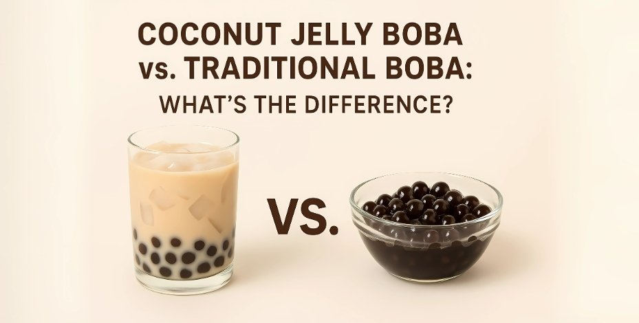 Coconut jelly boba drink vs. traditional tapioca boba pearls – comparison of bubble tea toppings.